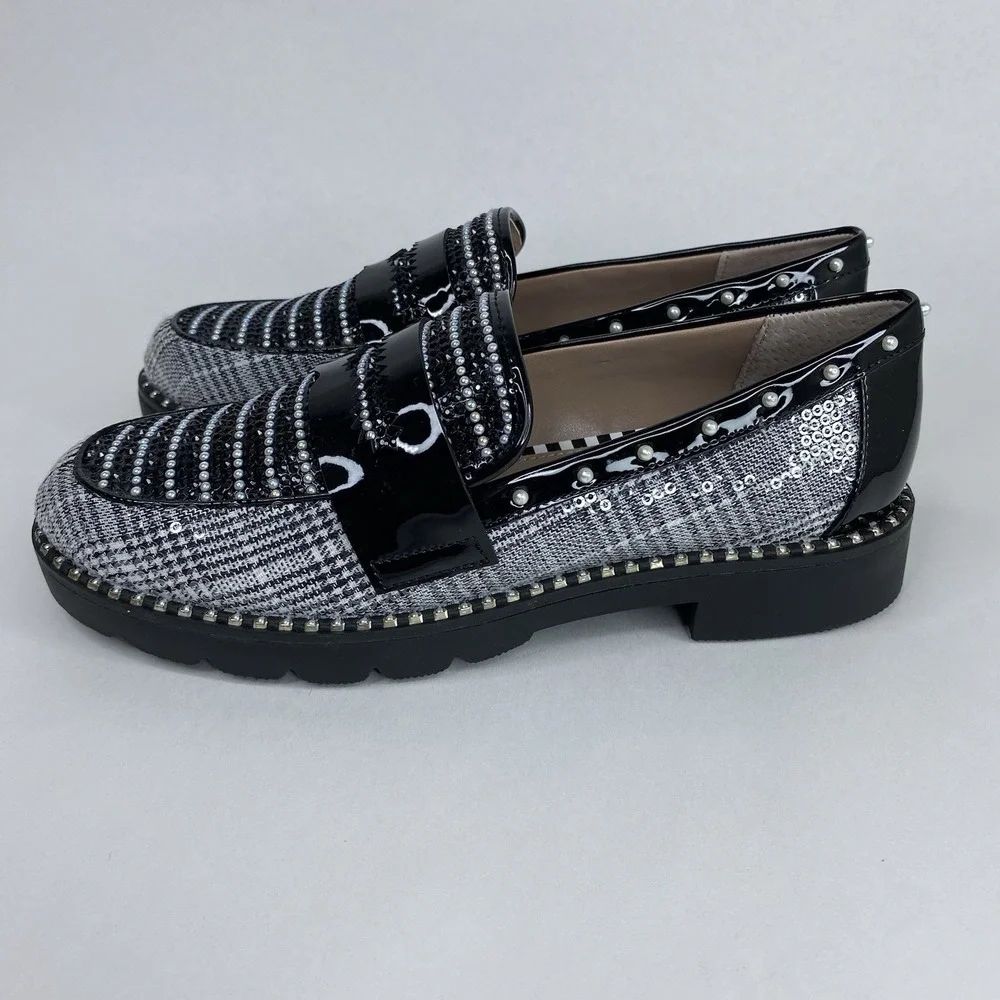Betsey‎ Johnson Darian Pearls Sequins Plaid Patent Loafer Shoes Size 6M